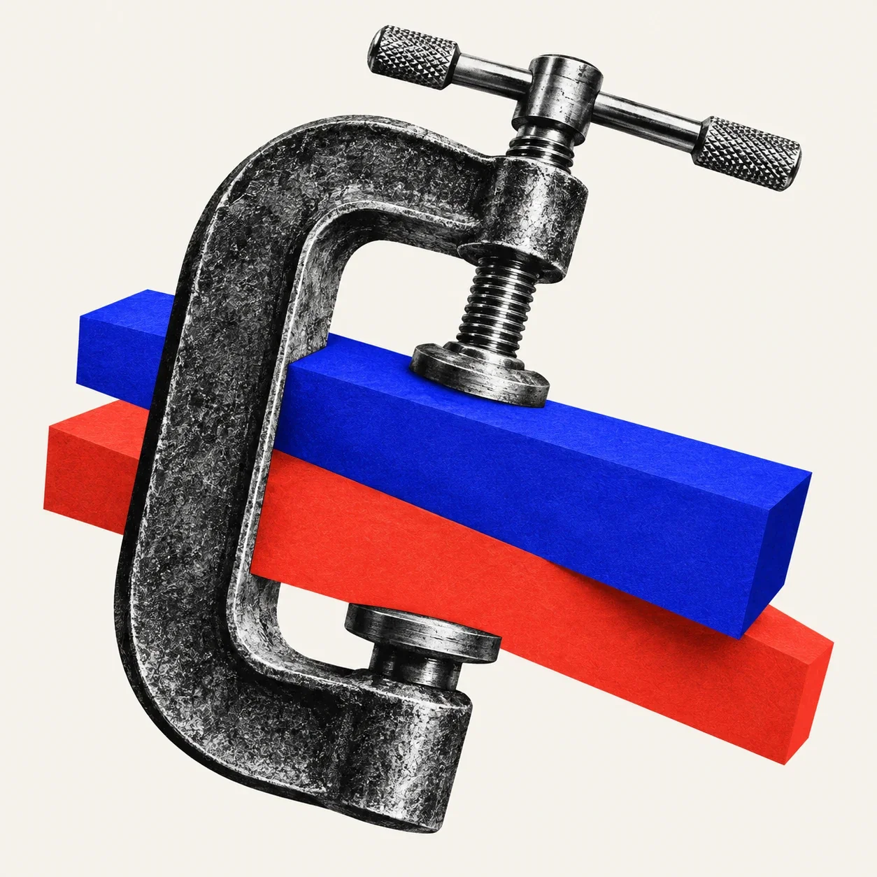 A precision clamp joining a vermilion and a blue slab