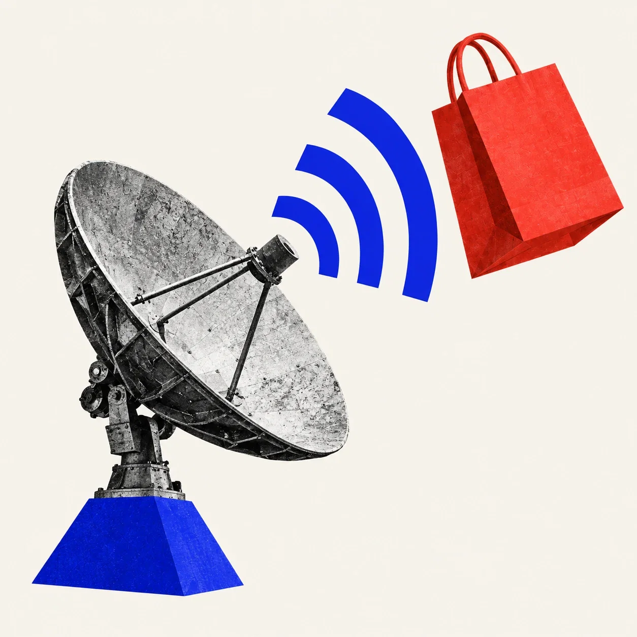 A satellite dish receiving a signal from a vermilion shopping bag