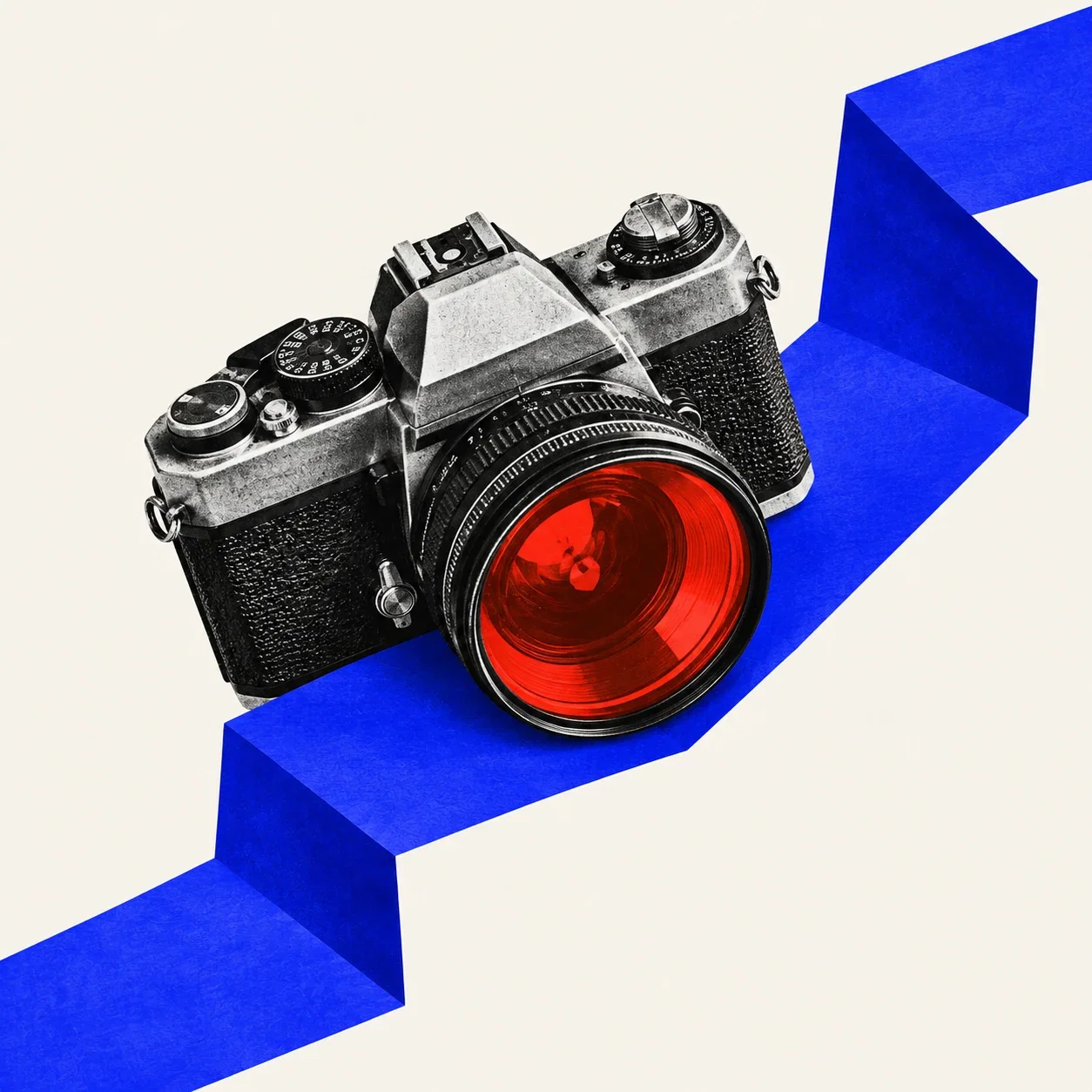 A camera examining a folded blue paper trail