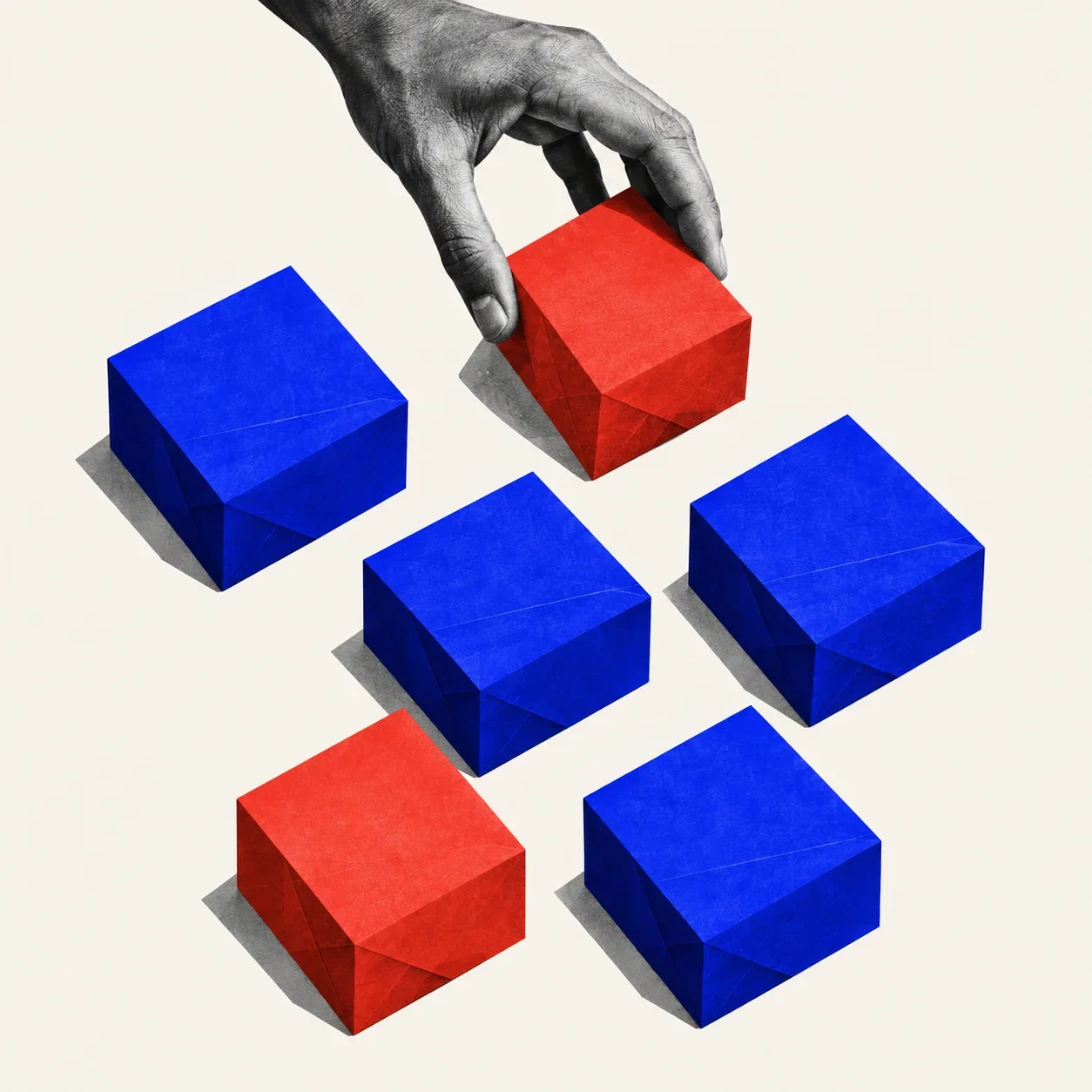 A hand arranging vermilion and blue boxes into collections