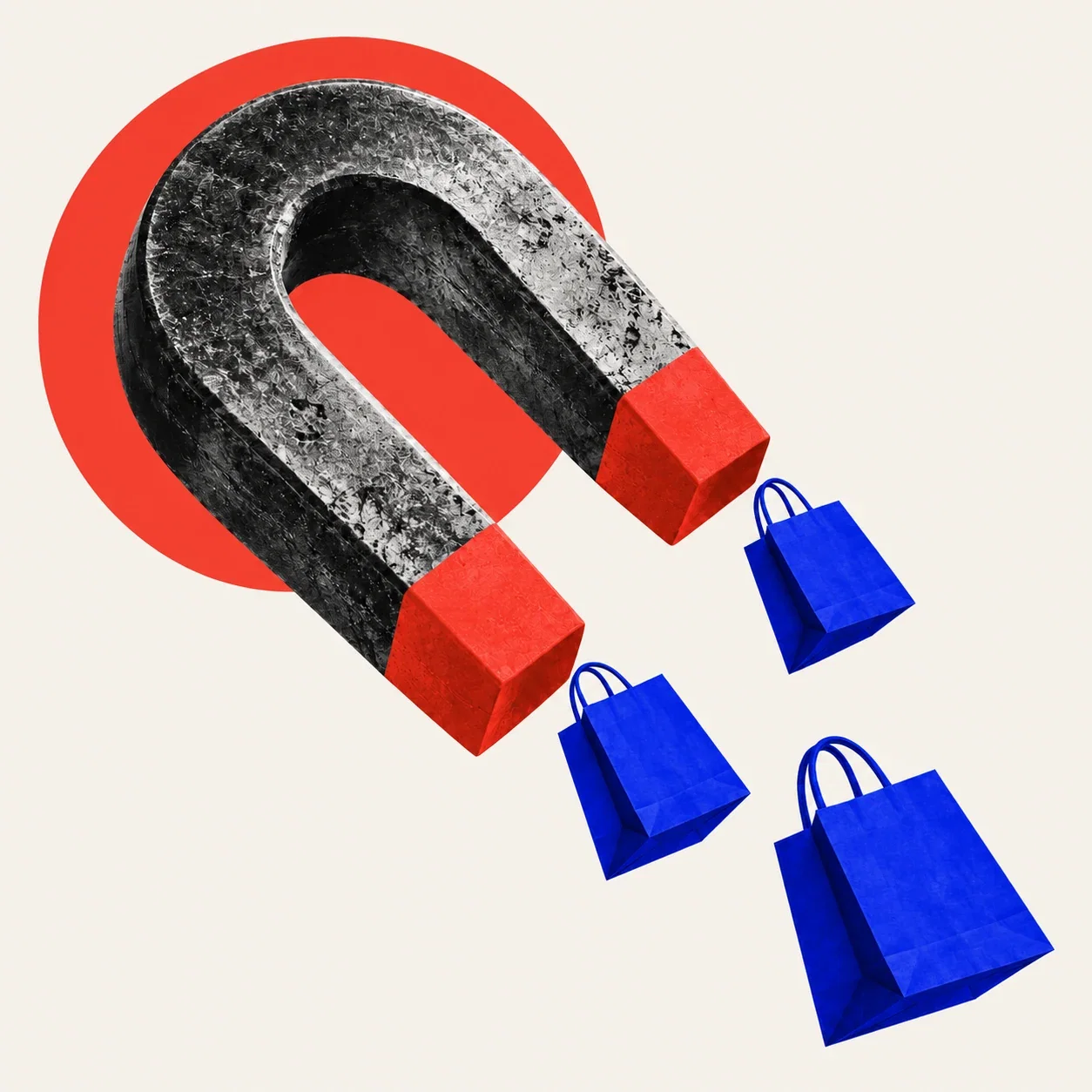 A monochrome magnet attracting blue shopping bags