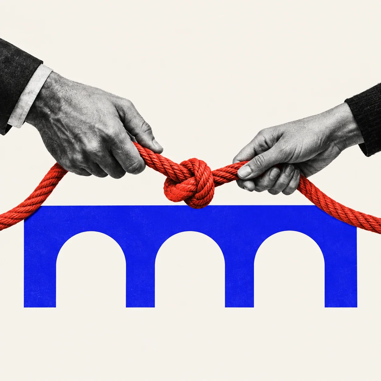 Two hands tying a vermilion rope together across a blue bridge