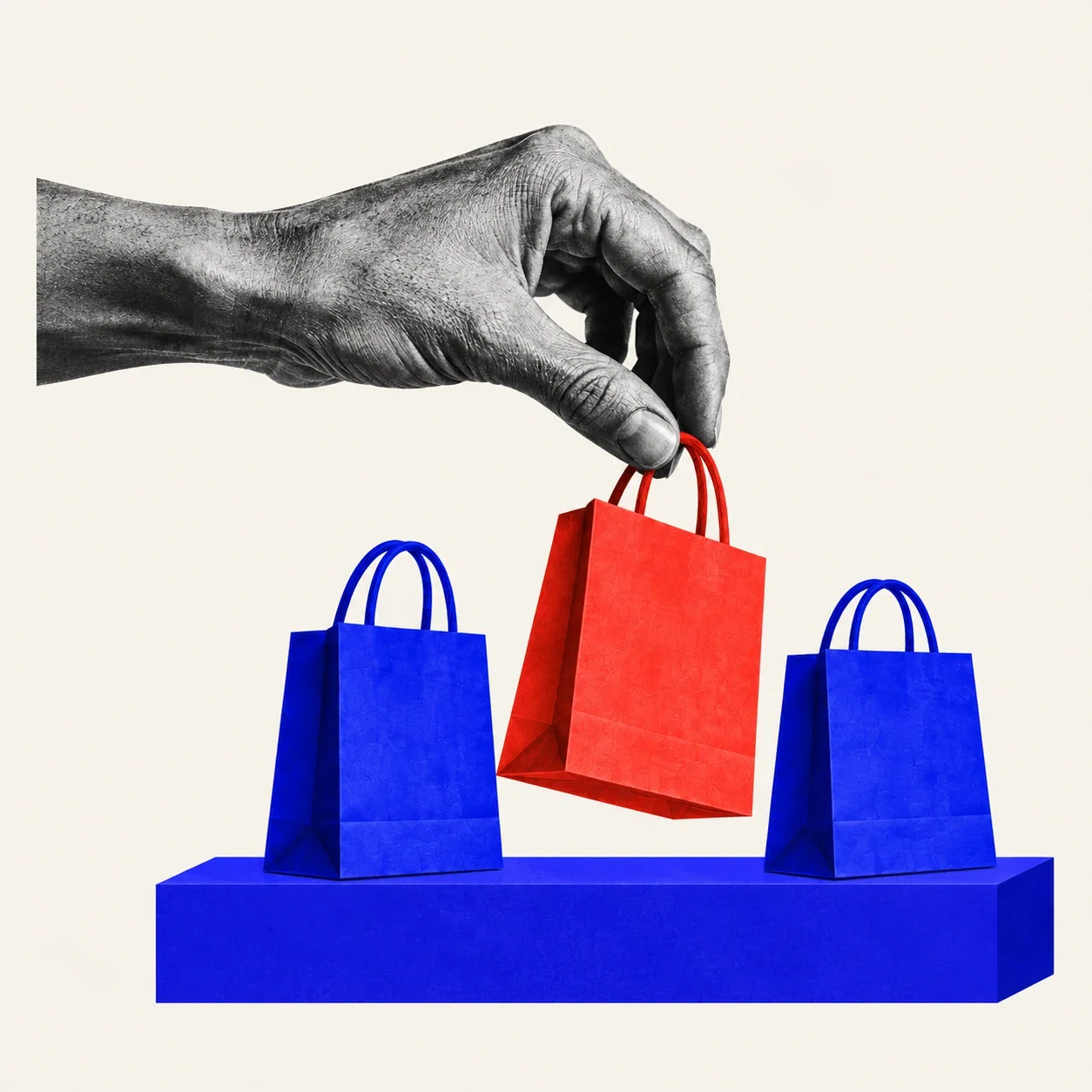 A hand selecting a vermilion shopping bag from a blue row