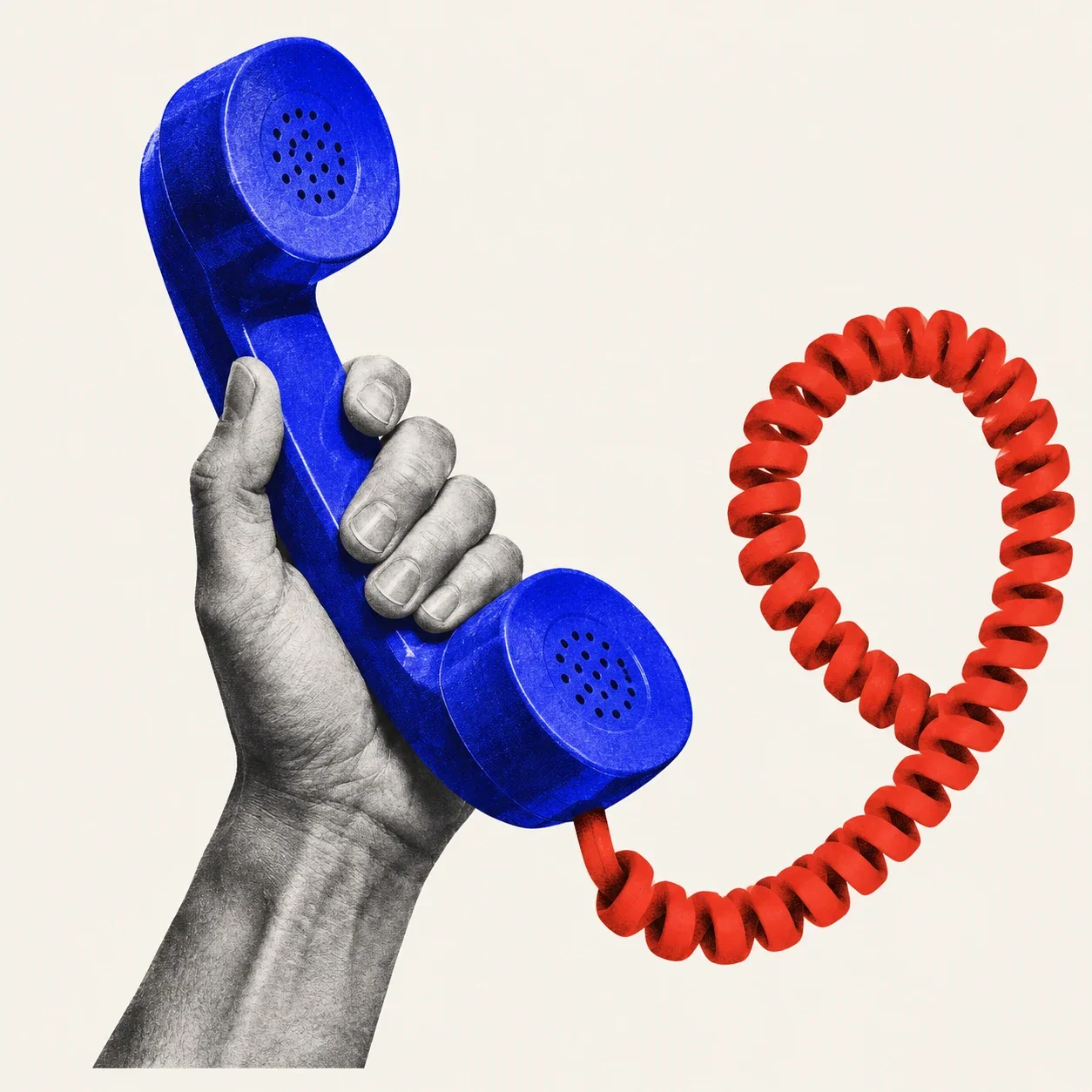 A hand holding a blue telephone with a vermilion cord