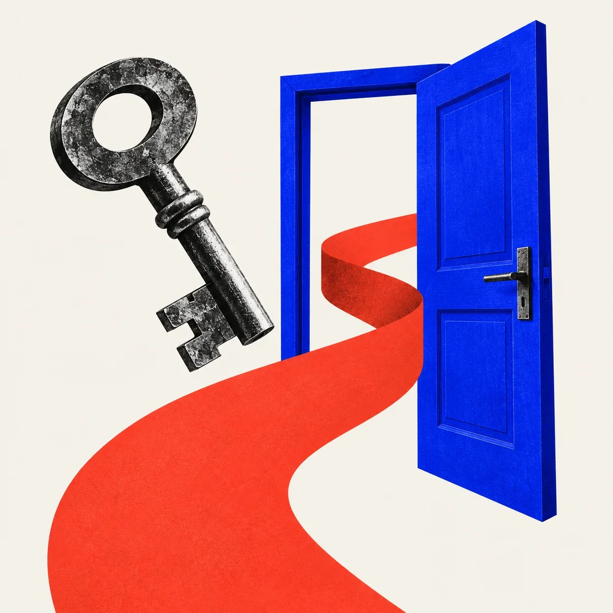 An open blue doorway, a vermilion path and a key