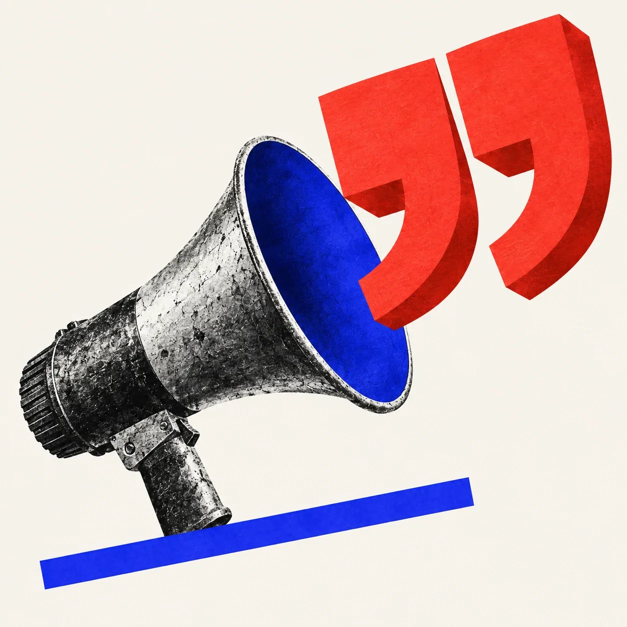 A monochrome megaphone amplifying vermilion quotation marks