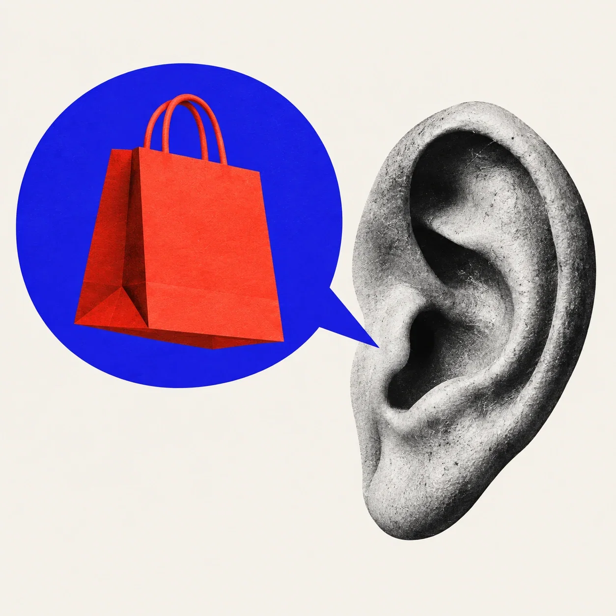 A sculptural ear listening to a shopping question