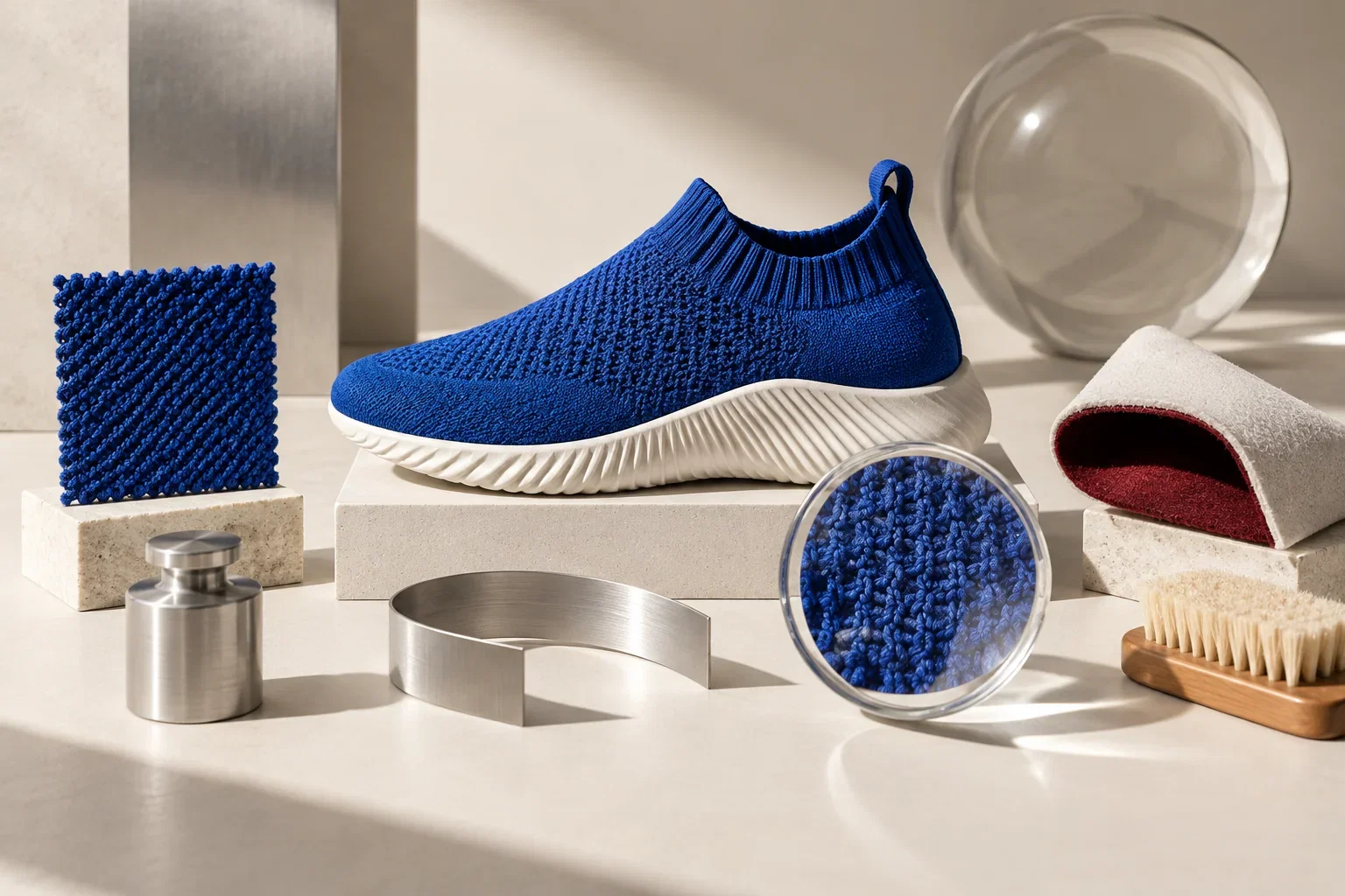 A blue knitted shoe is studied with material samples and a magnifying lens.