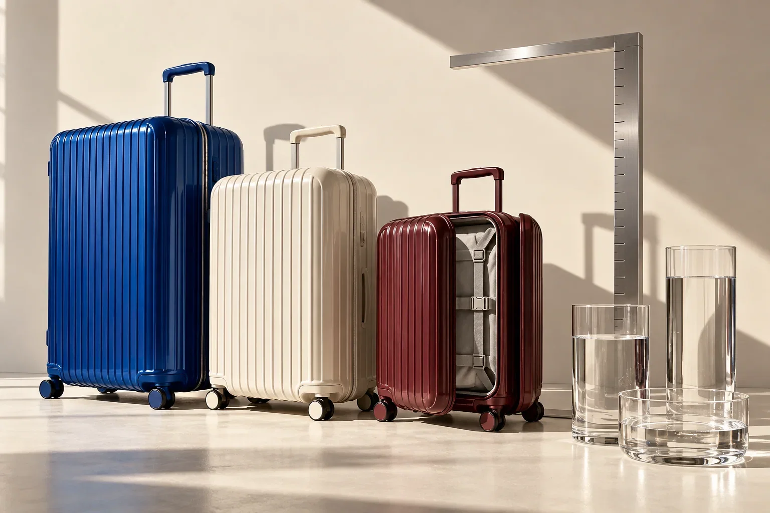 Three sculptural suitcases stand beside a measuring frame and capacity vessels.