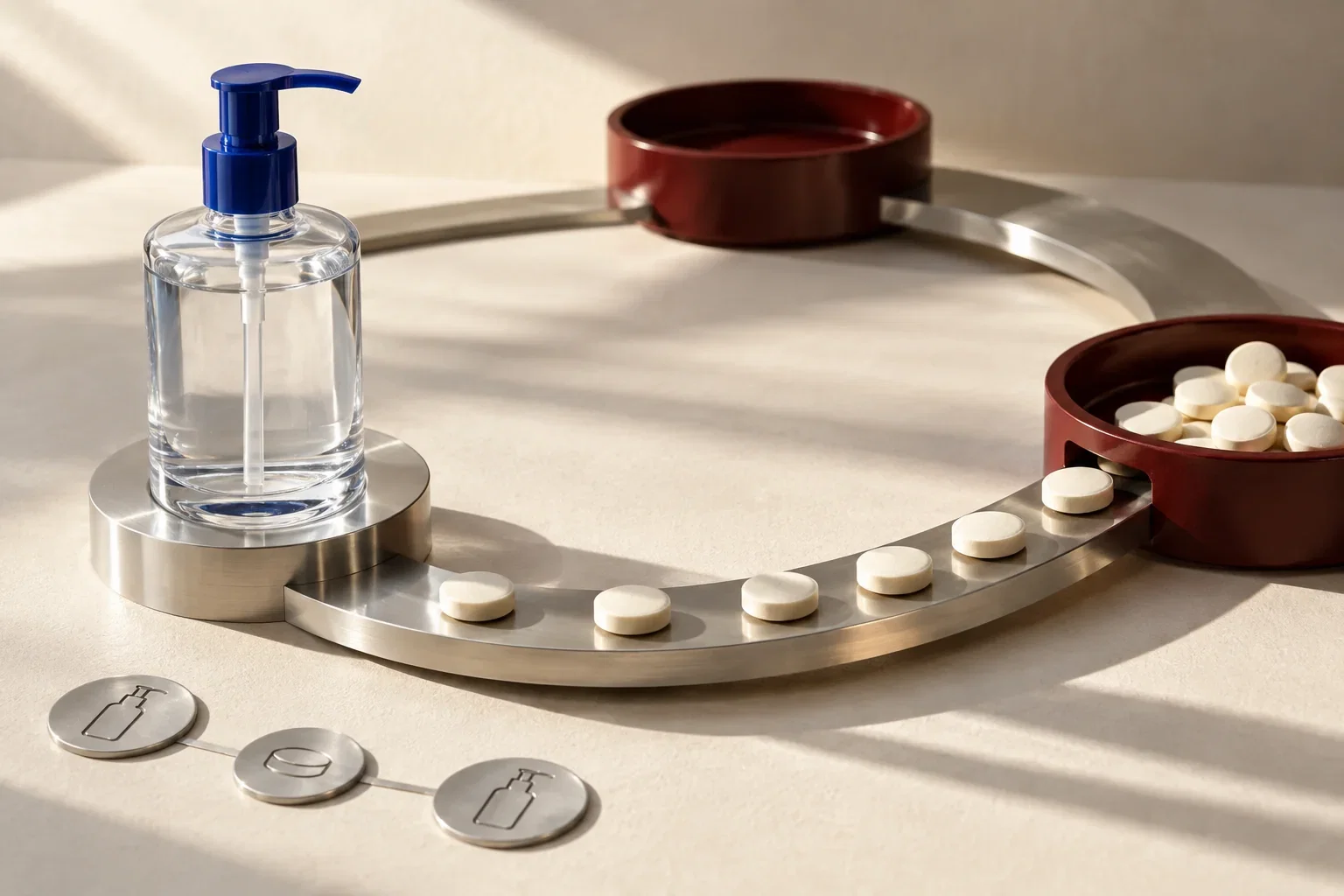 Refill tablets travel around a metal loop toward a reusable glass dispenser.