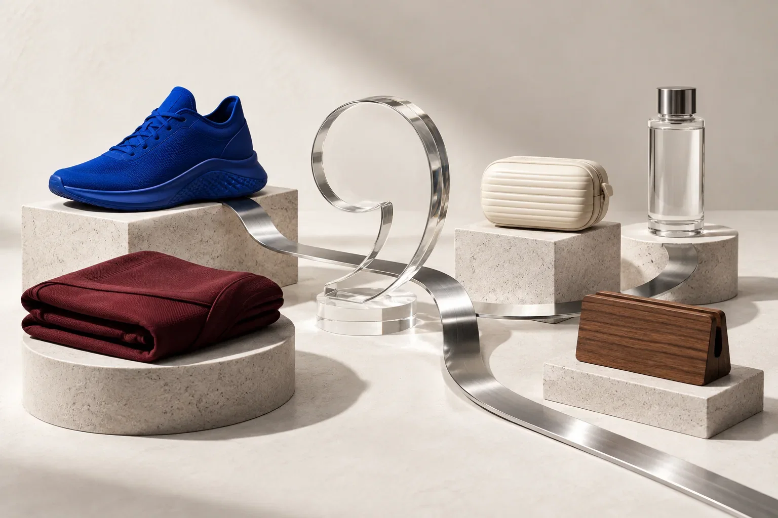 Five distinct retail objects are connected by one polished search path.