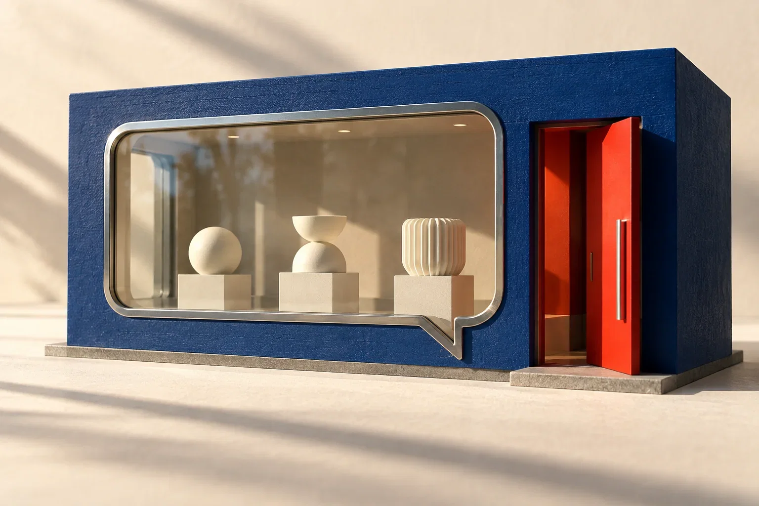 A precise cobalt shopfront with a clear glass conversation window and a vermilion opening.