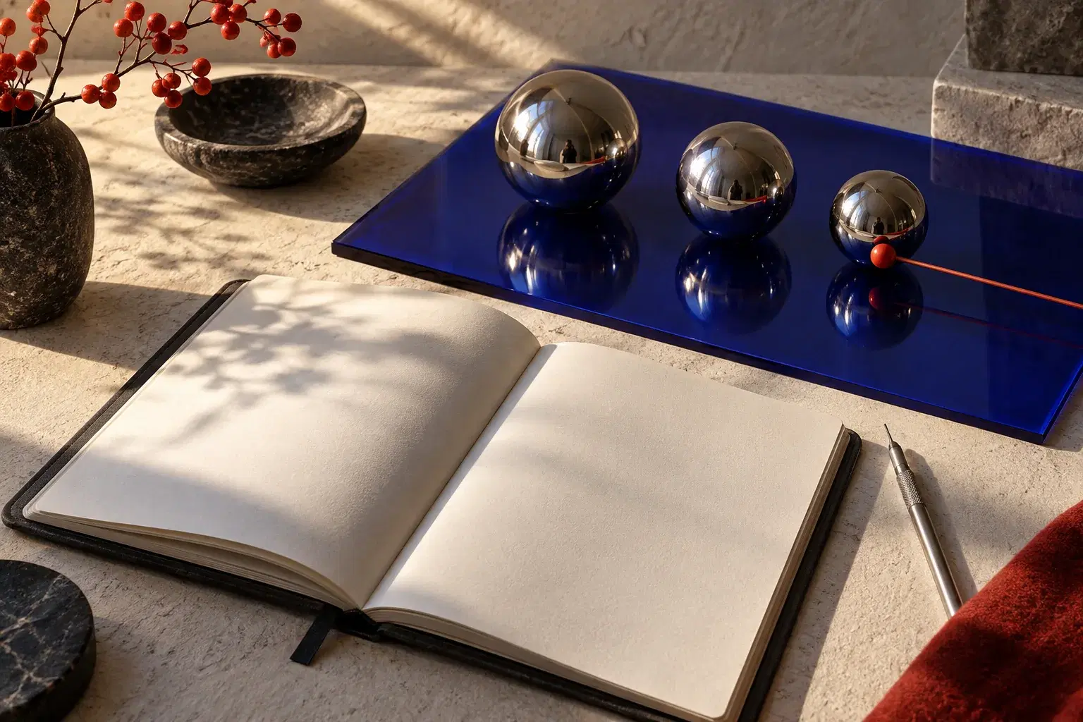 Blank ledger and reflected steel spheres for observing answers